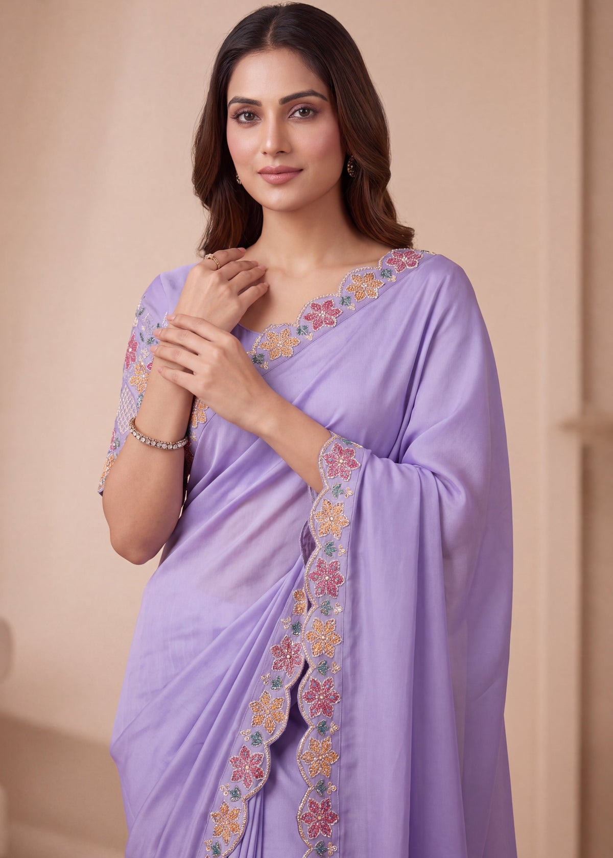 Designer Luxe Multicolour Embroidered Satin Saree