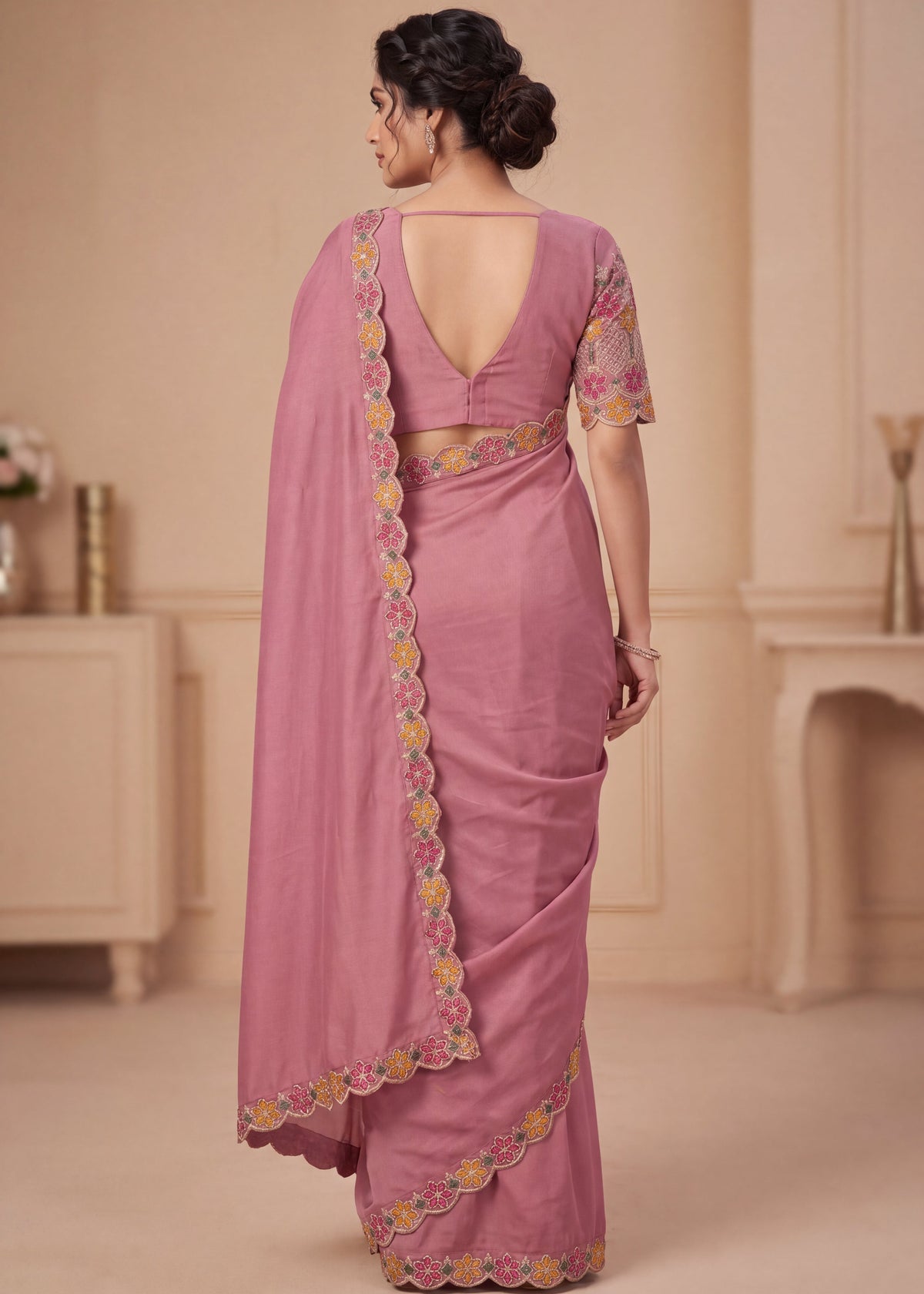 Designer Luxe Multicolour Embroidered Satin Saree