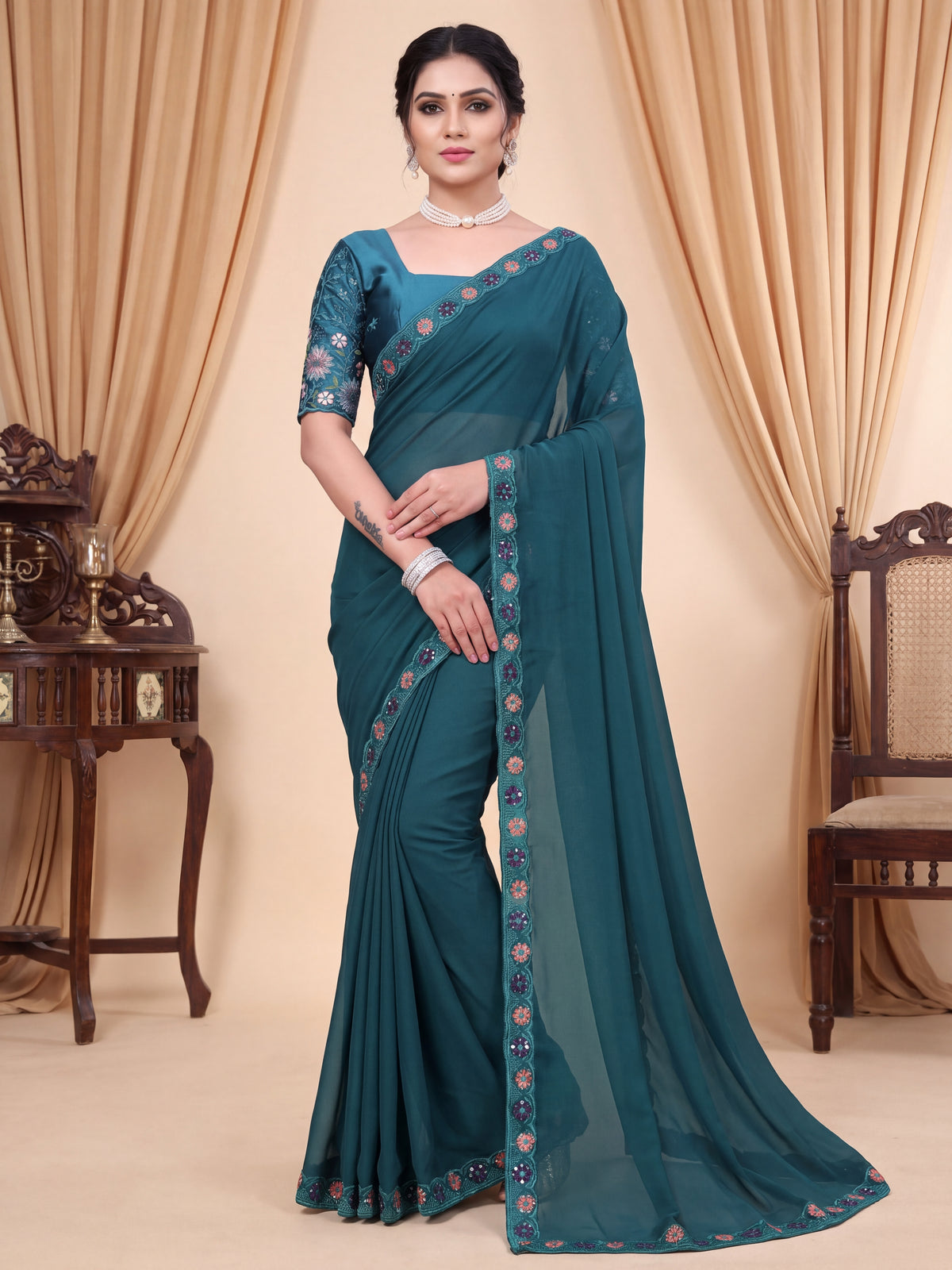 Stylist Party Wear Floral Satin Embroidered Saree