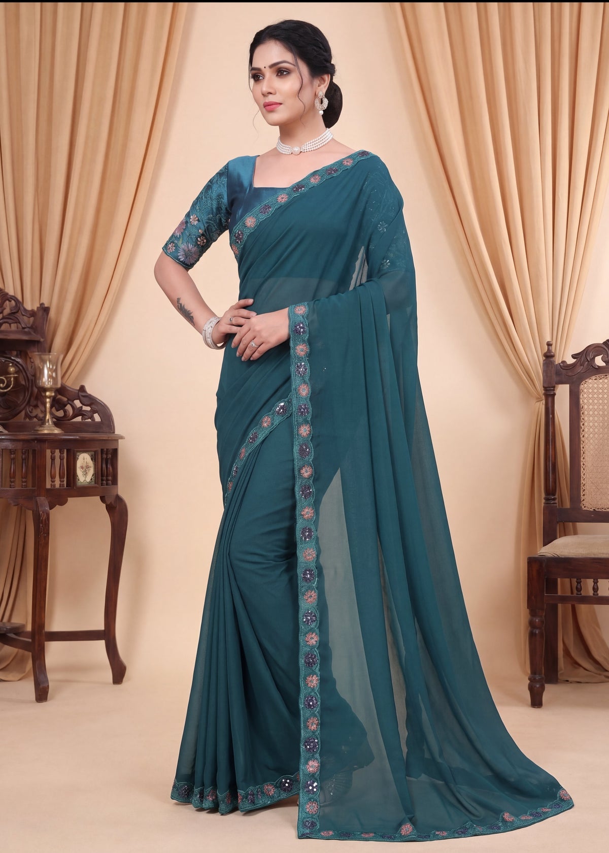 Stylist Party Wear Floral Satin Embroidered Saree