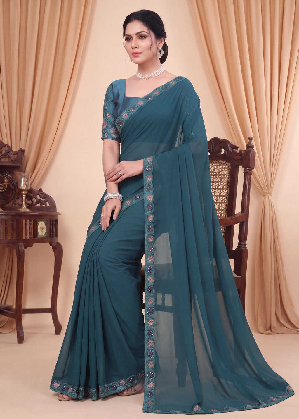 Stylist Party Wear Floral Satin Embroidered Saree