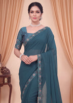 Stylist Party Wear Floral Satin Embroidered Saree