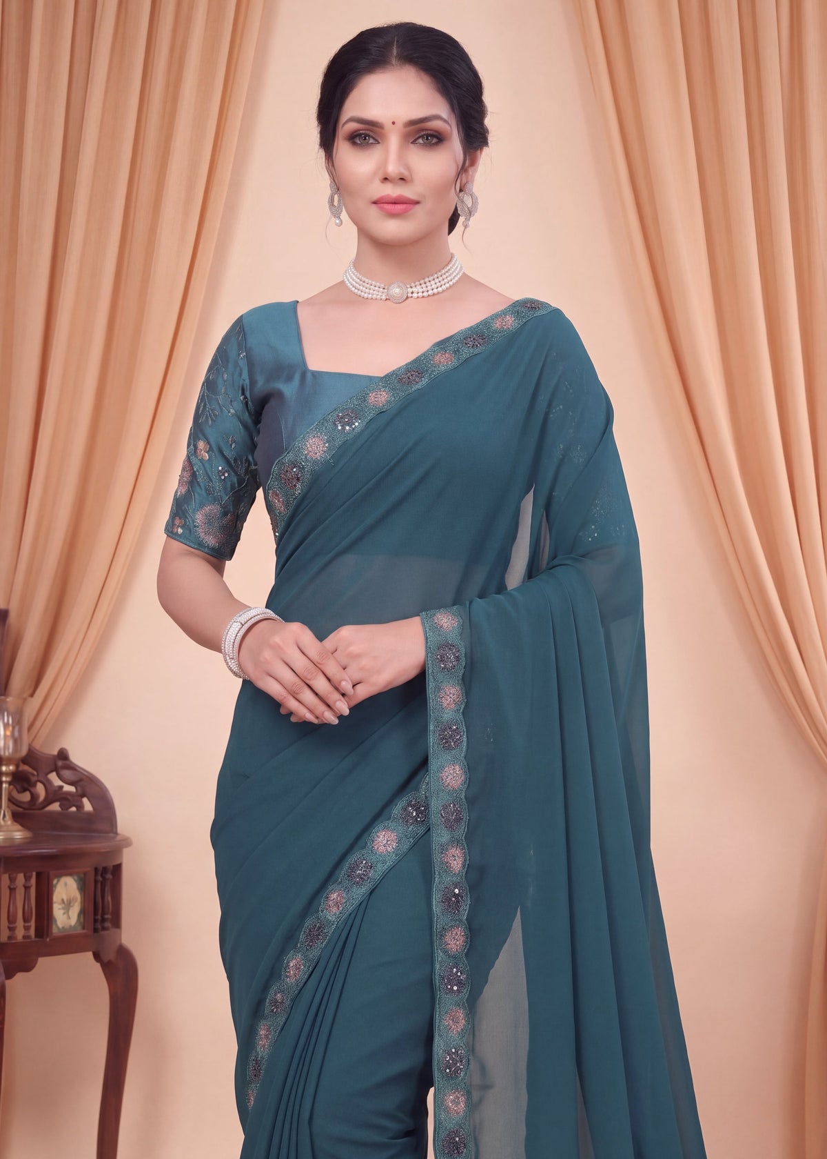 Stylist Party Wear Floral Satin Embroidered Saree