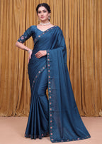 Stylist Party Wear Floral Satin Embroidered Saree