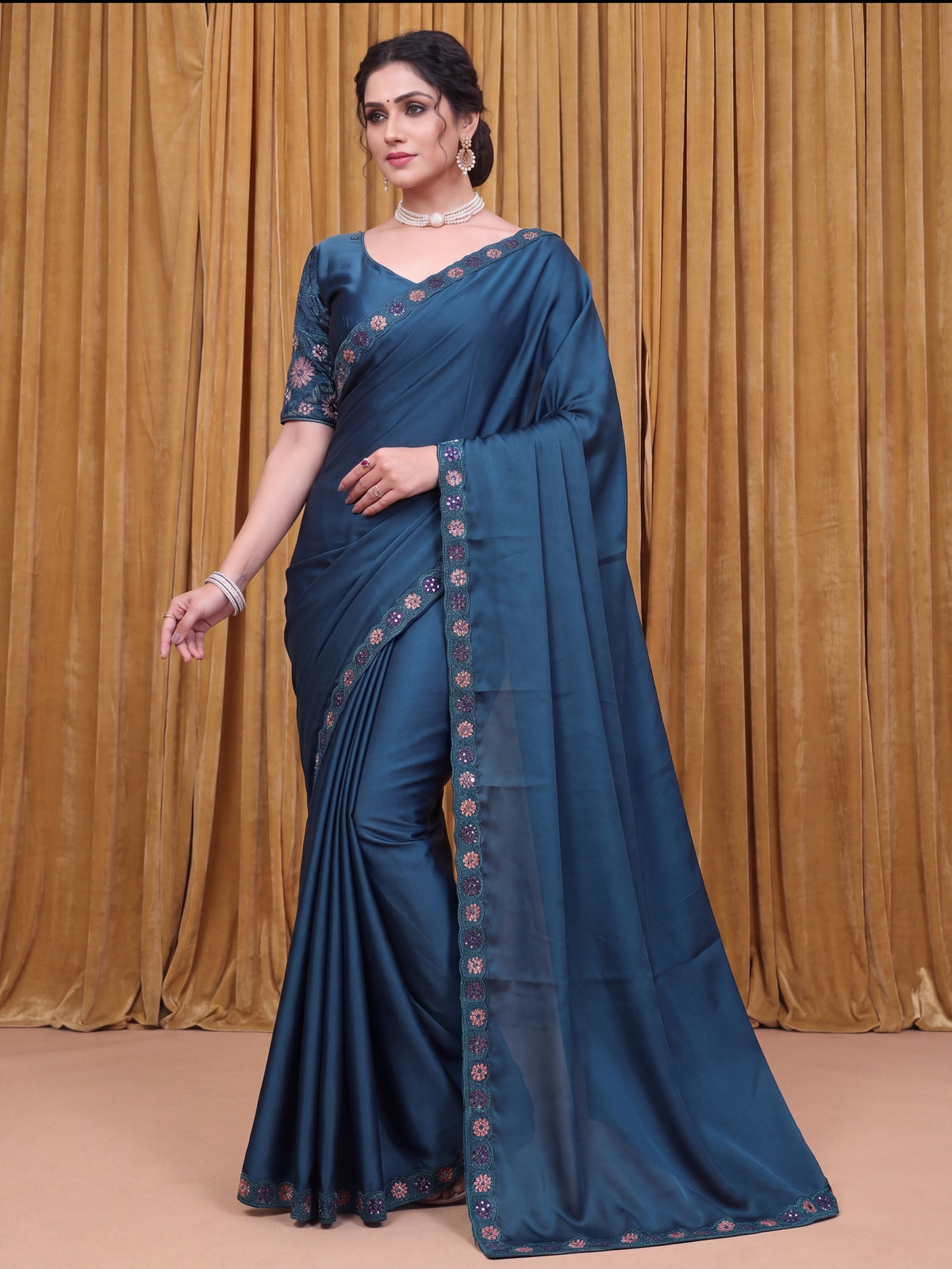 Stylist Party Wear Floral Satin Embroidered Saree