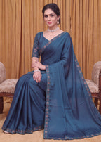 Stylist Party Wear Floral Satin Embroidered Saree