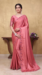 Festive Floral Satin Embroidered Saree