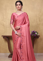 Festive Floral Satin Embroidered Saree