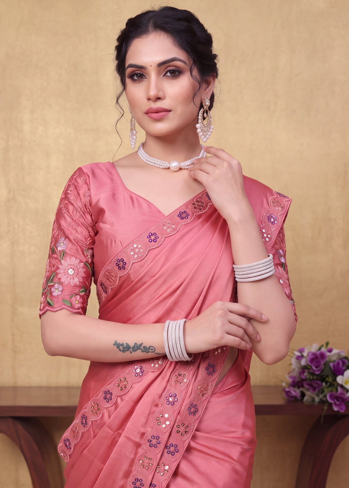 Festive Floral Satin Embroidered Saree