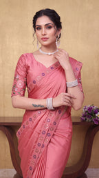Festive Floral Satin Embroidered Saree