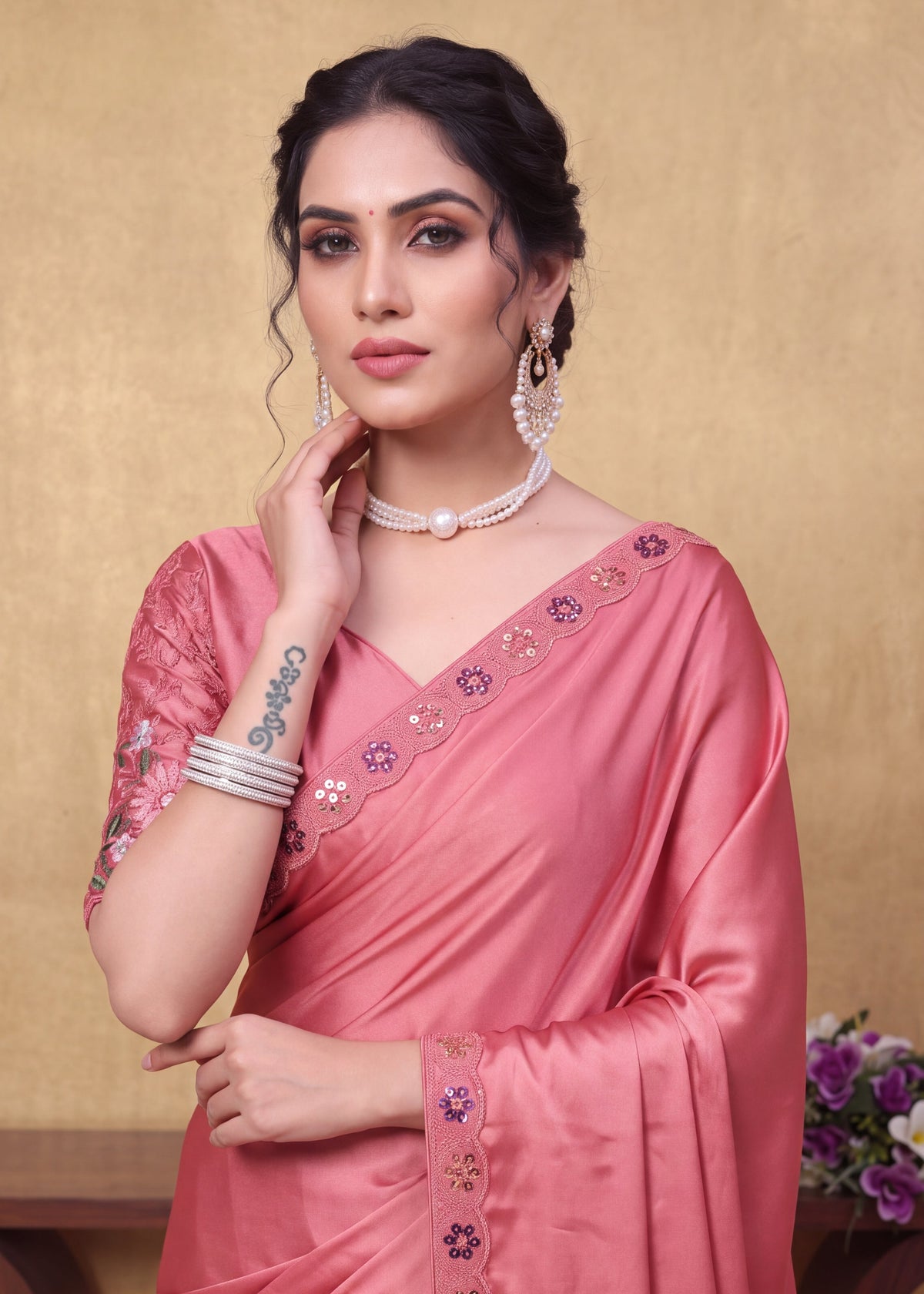 Festive Floral Satin Embroidered Saree