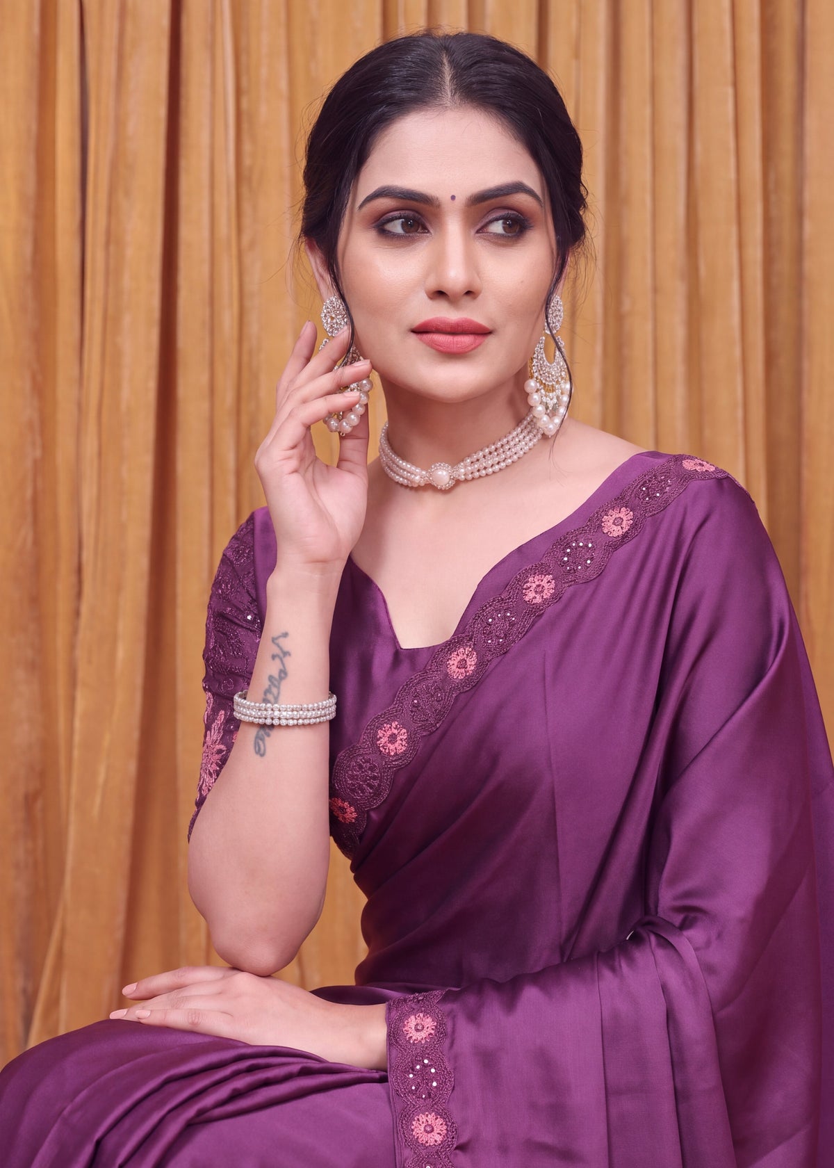 Stylist Party Wear Floral Satin Embroidered Saree