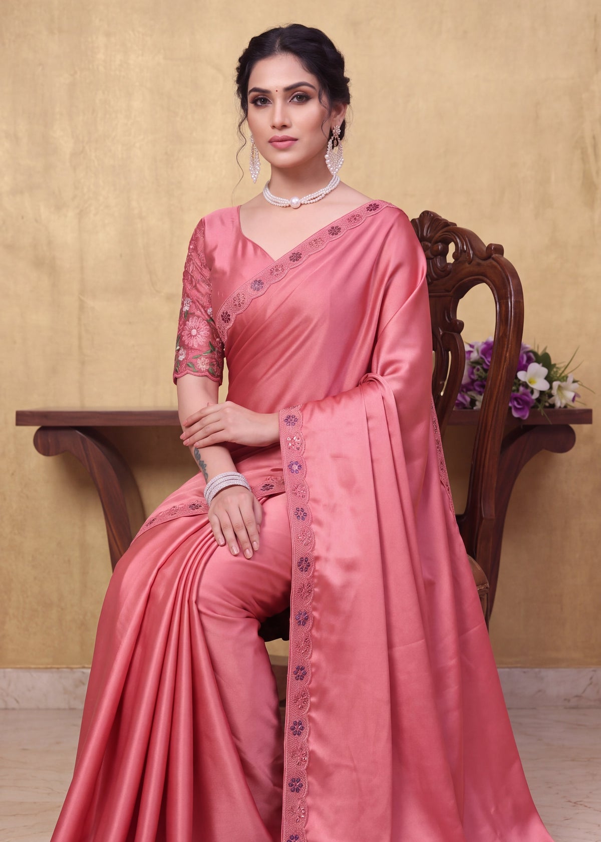 Festive Floral Satin Embroidered Saree