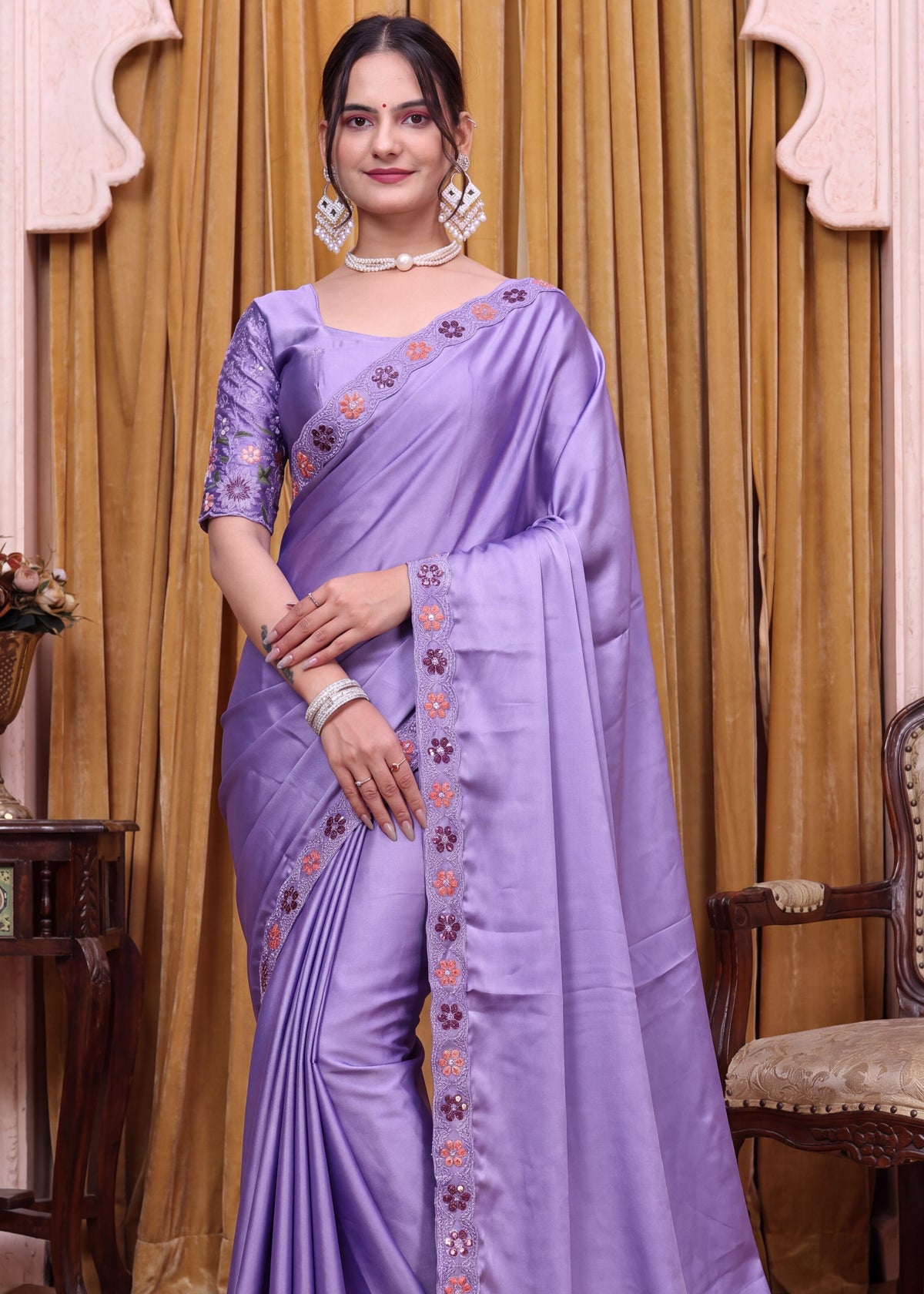 Festive Floral Satin Embroidered Saree