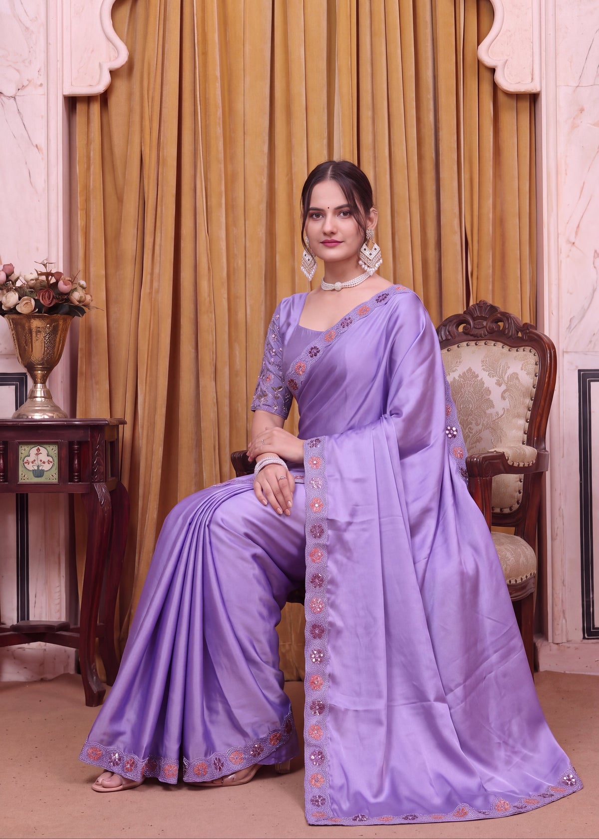 Festive Floral Satin Embroidered Saree