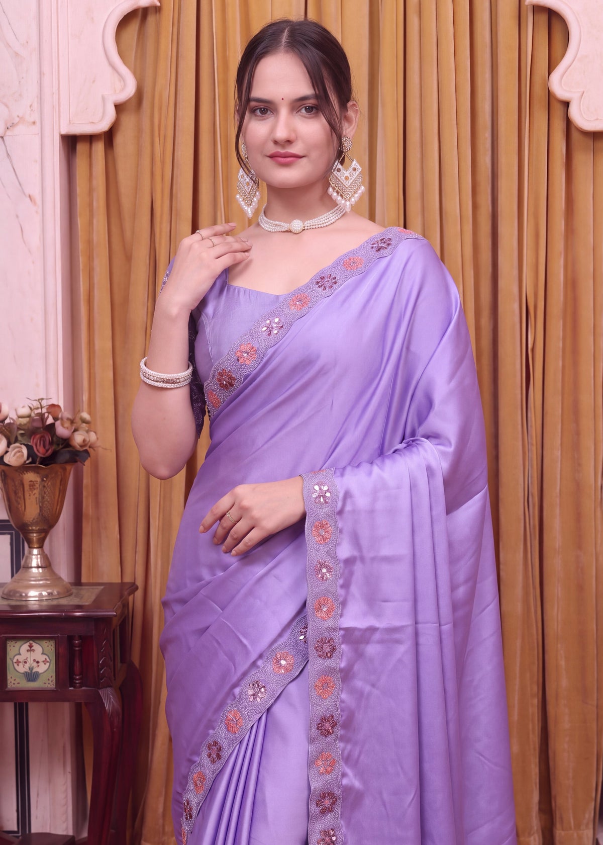 Festive Floral Satin Embroidered Saree