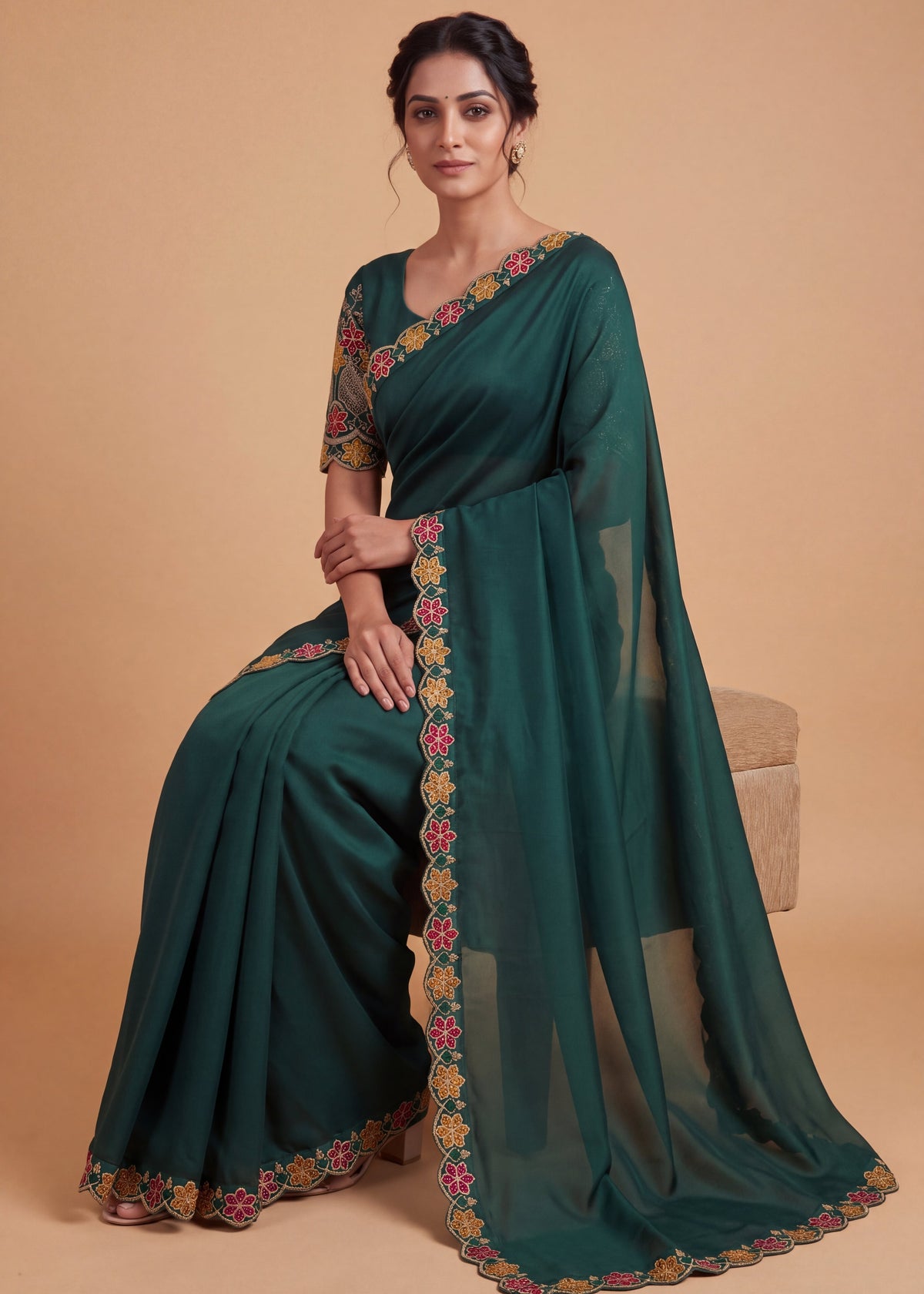 Designer Luxe Multicolour Embroidered Satin Saree