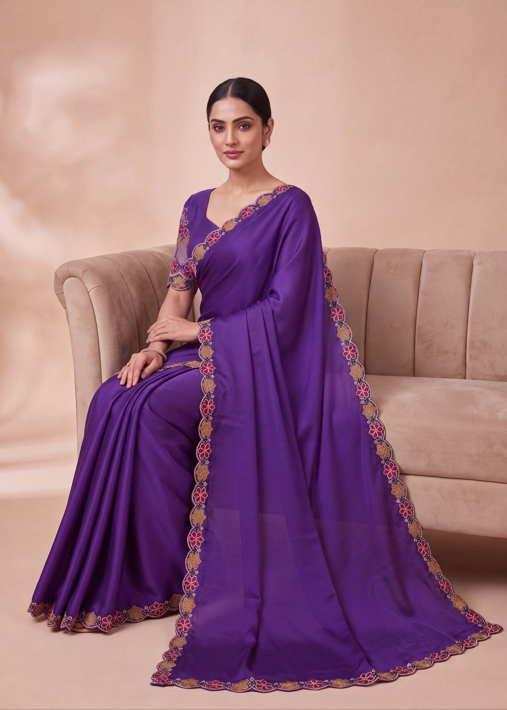 Premium Multicolour Embroidered Satin Saree