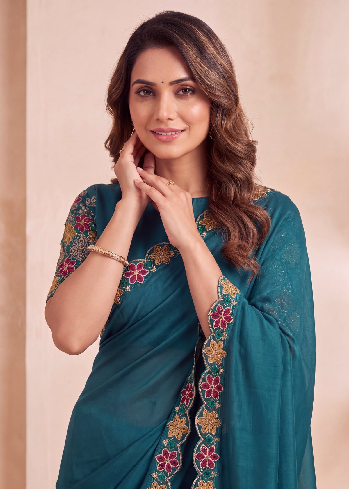 Premium Multicolour Embroidered Satin Saree