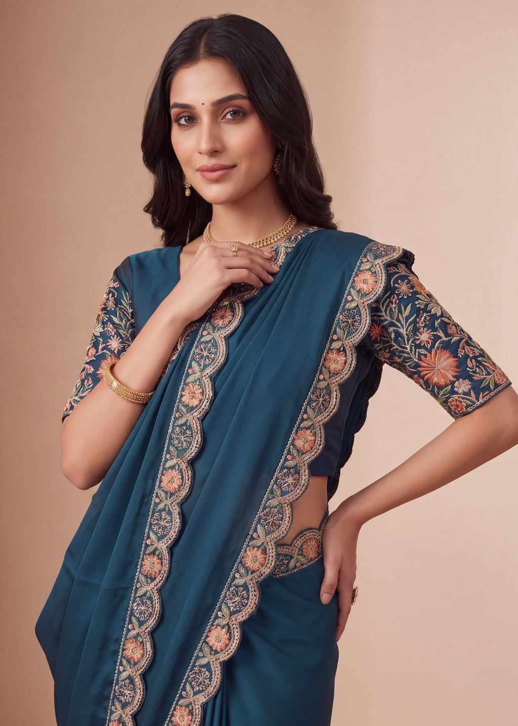 Heritage Floral Embroidered Satin Saree