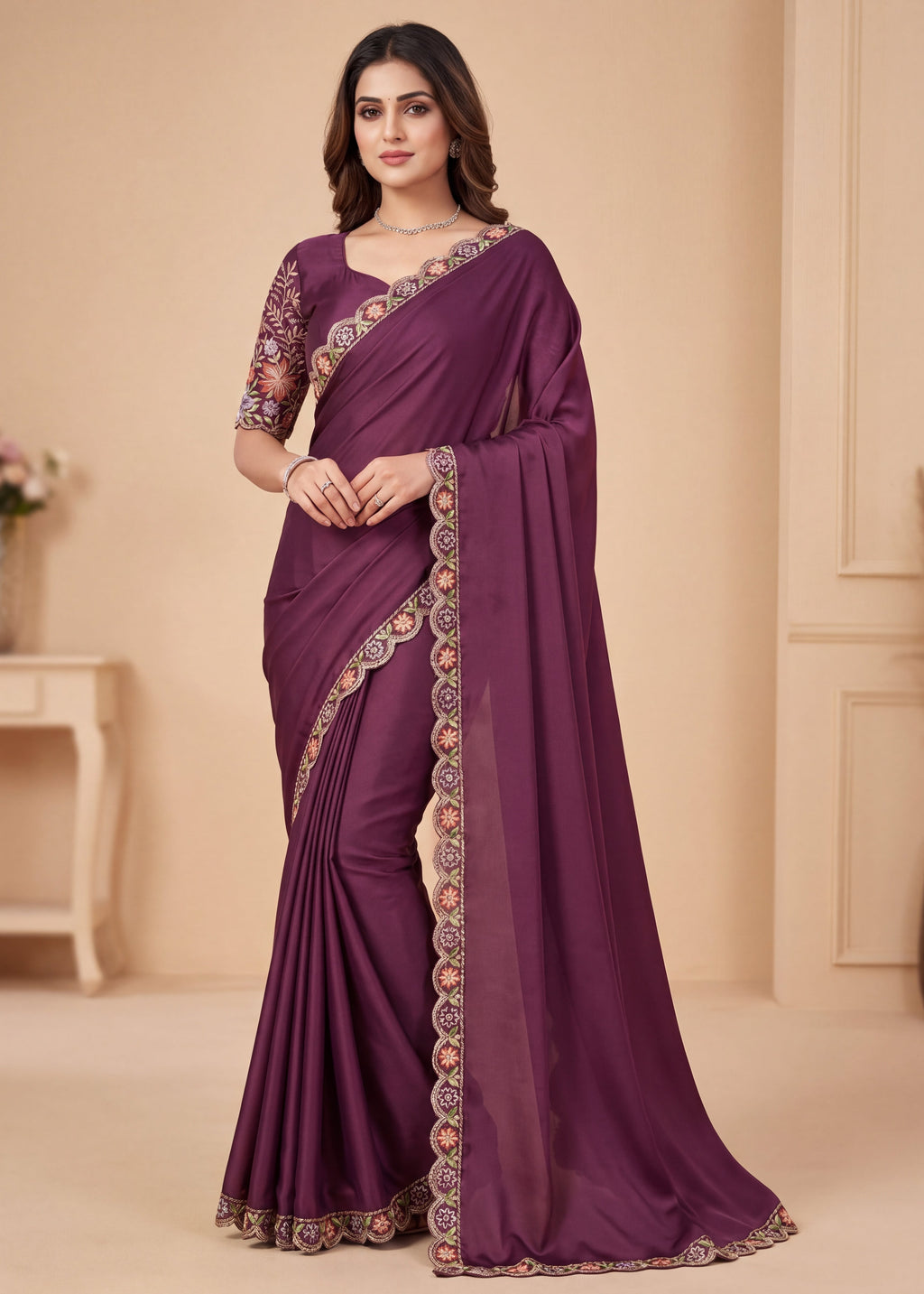 Heritage Floral Embroidered Satin Saree