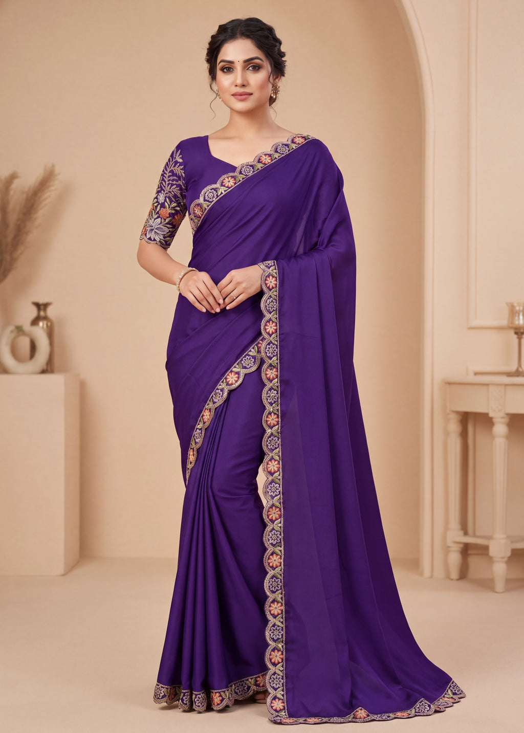 Heritage Floral Embroidered Satin Saree