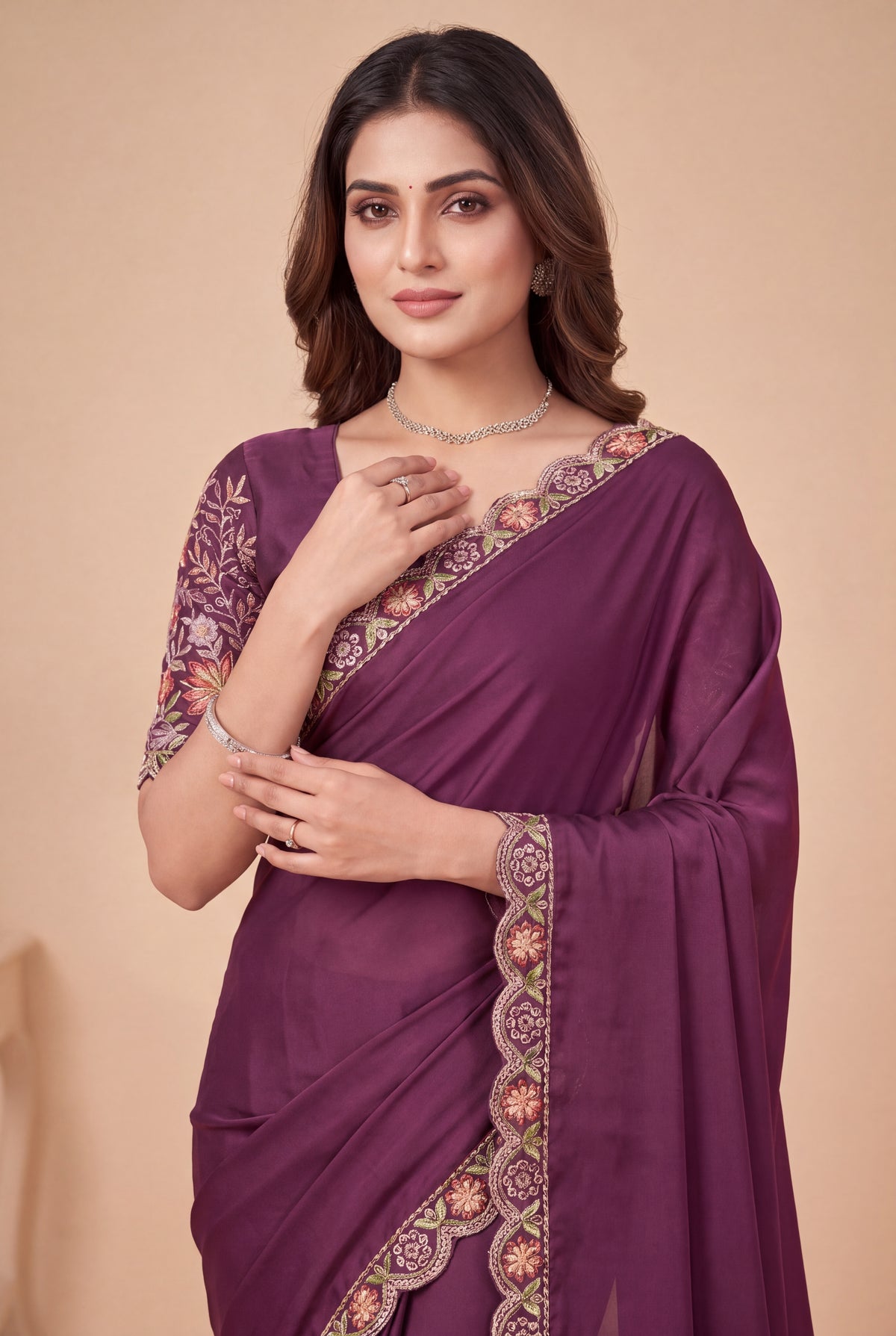 Heritage Floral Embroidered Satin Saree