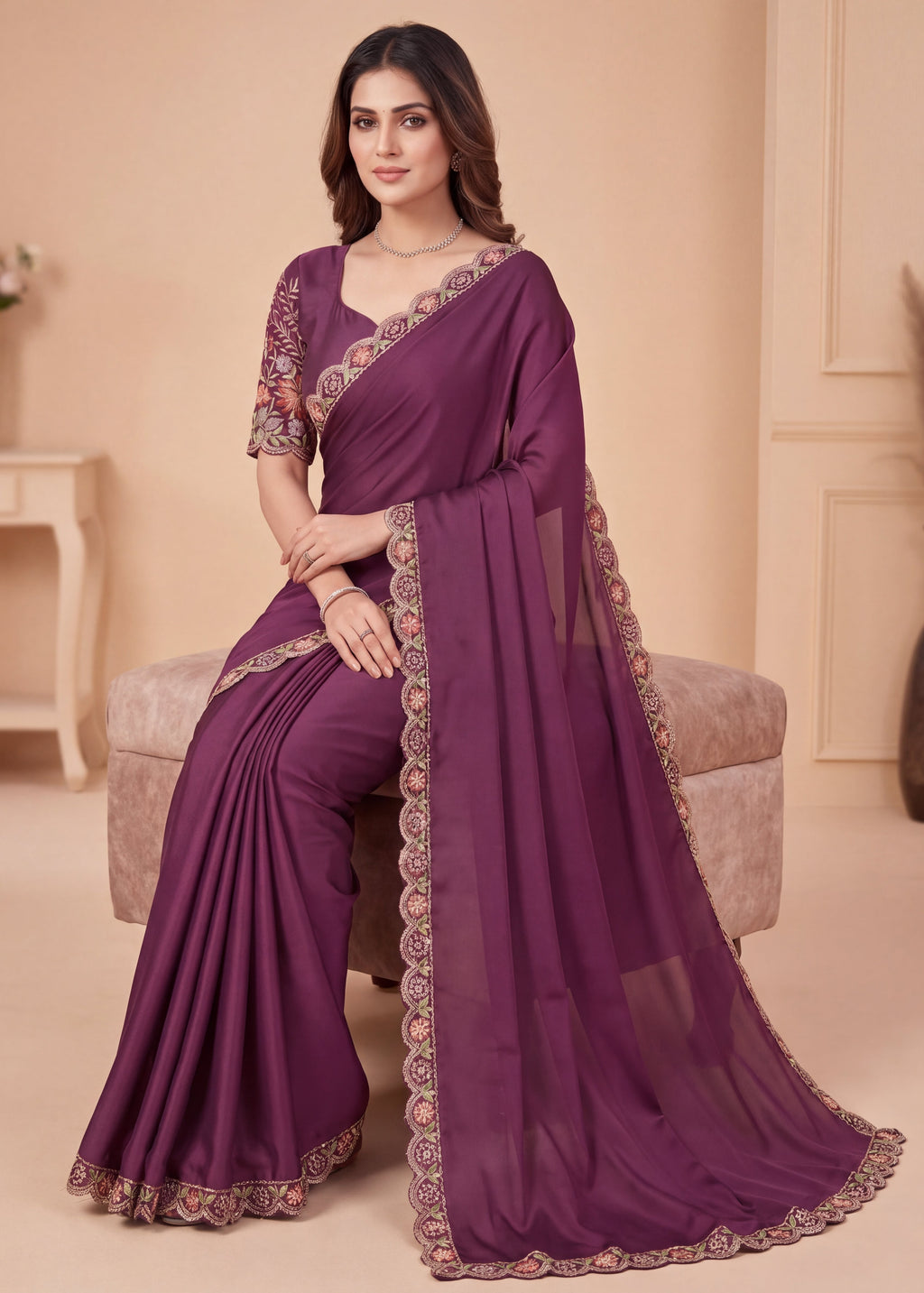 Heritage Floral Embroidered Satin Saree