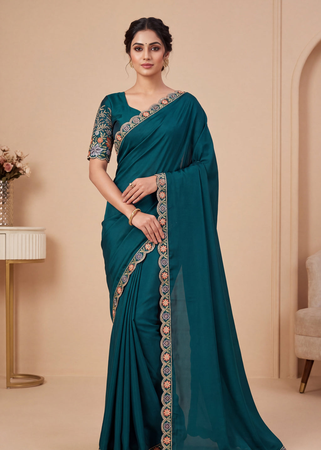 Heritage Floral Embroidered Satin Saree