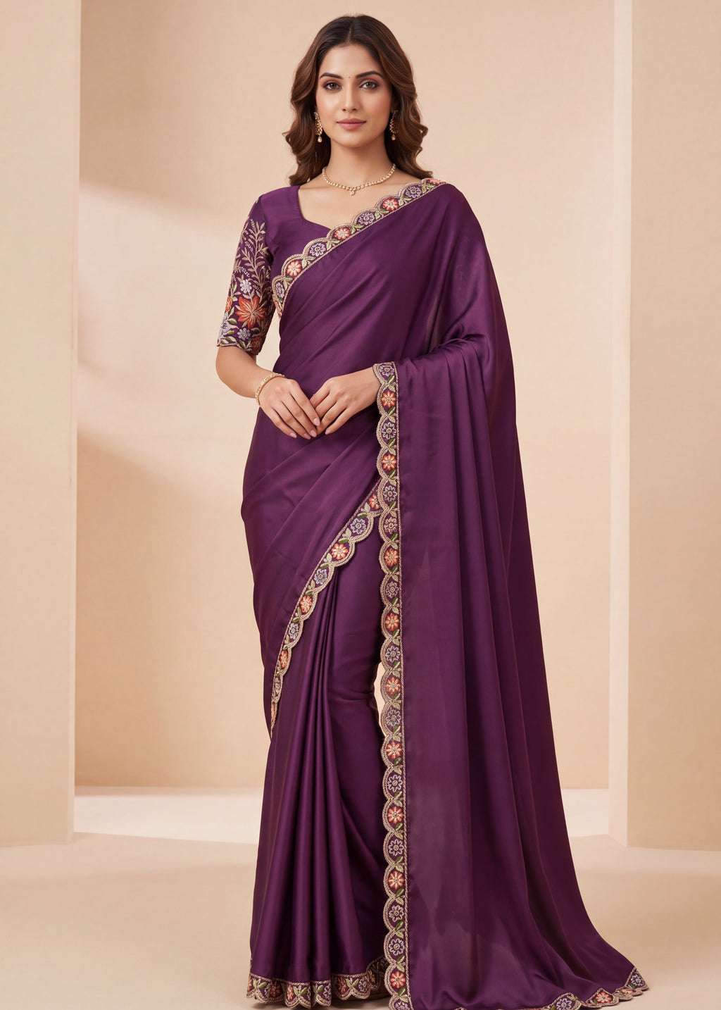 Heritage Floral Embroidered Satin Saree