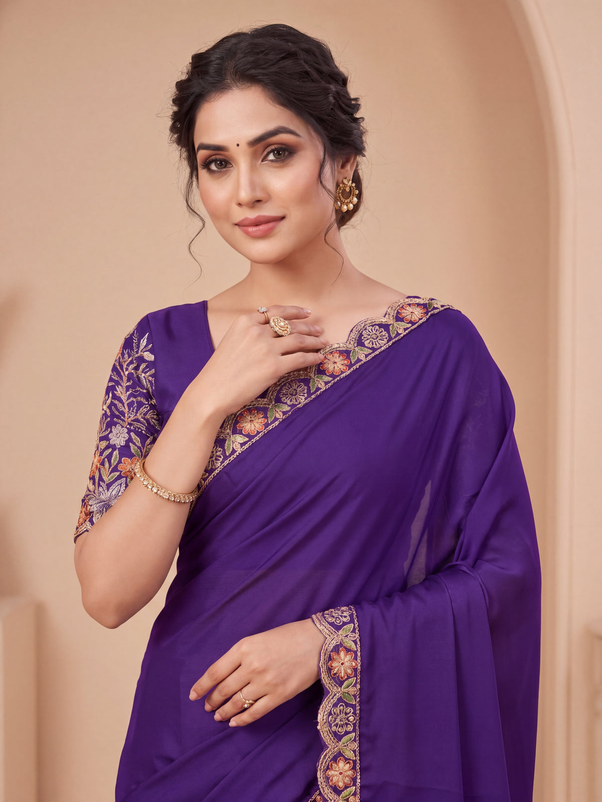 Heritage Floral Embroidered Satin Saree