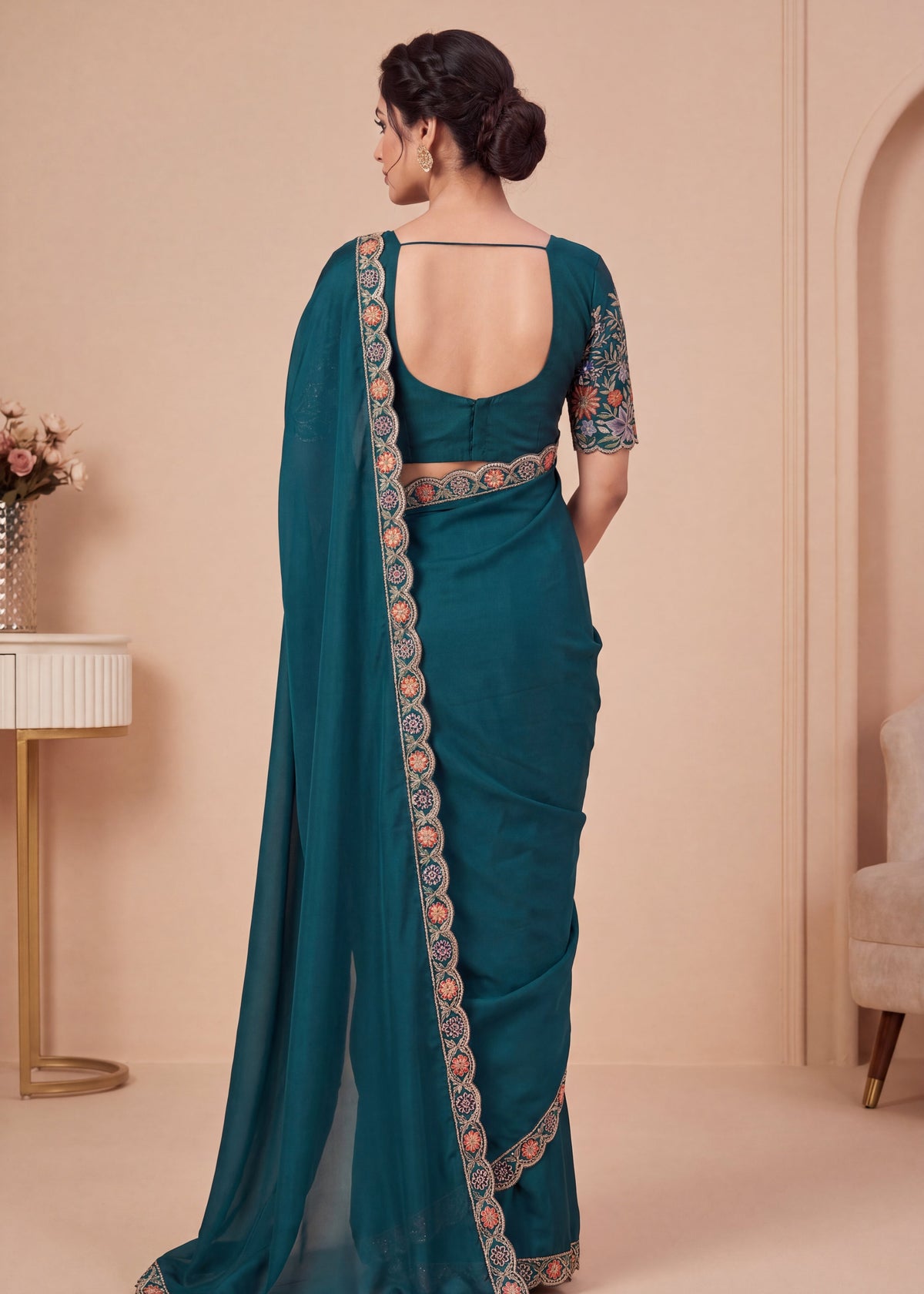 Heritage Floral Embroidered Satin Saree