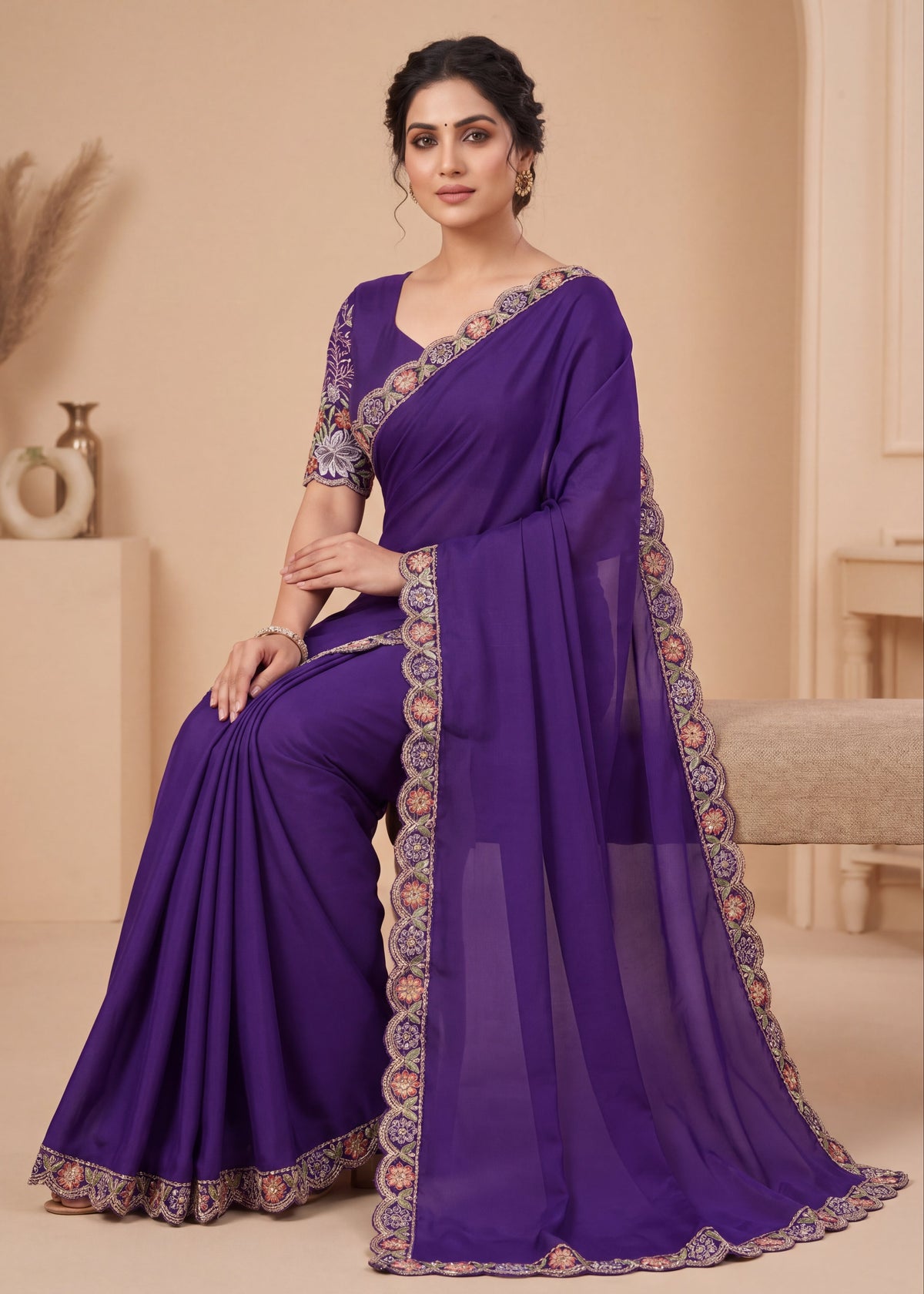 Heritage Floral Embroidered Satin Saree