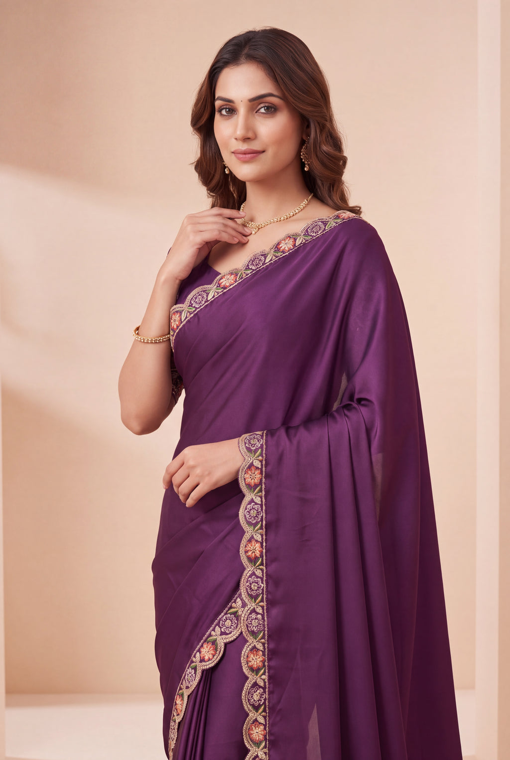 Heritage Floral Embroidered Satin Saree