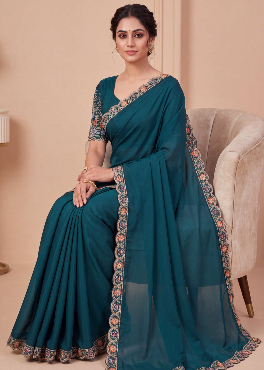 Heritage Floral Embroidered Satin Saree