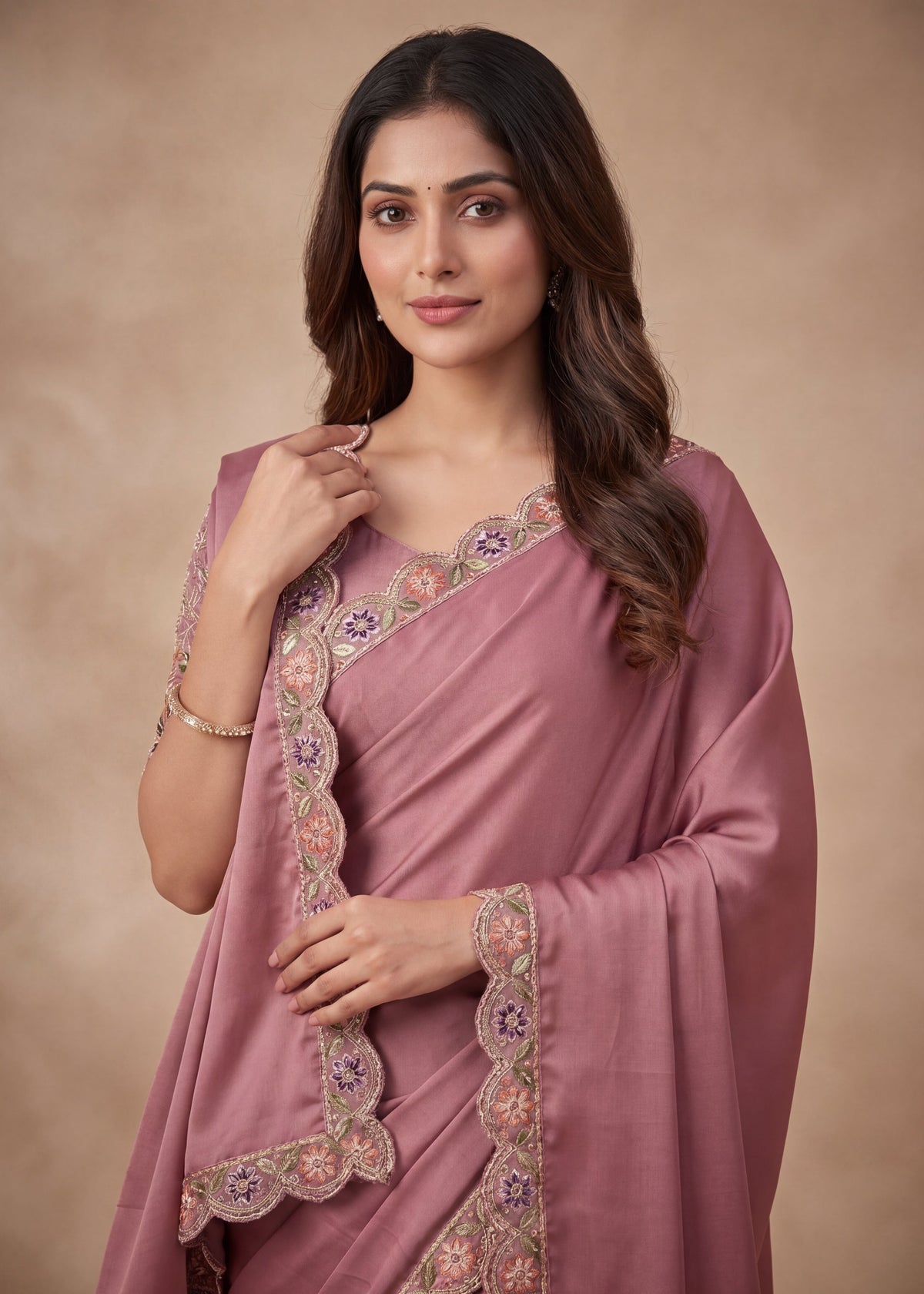 Designer Floral Embroidered Satin Saree