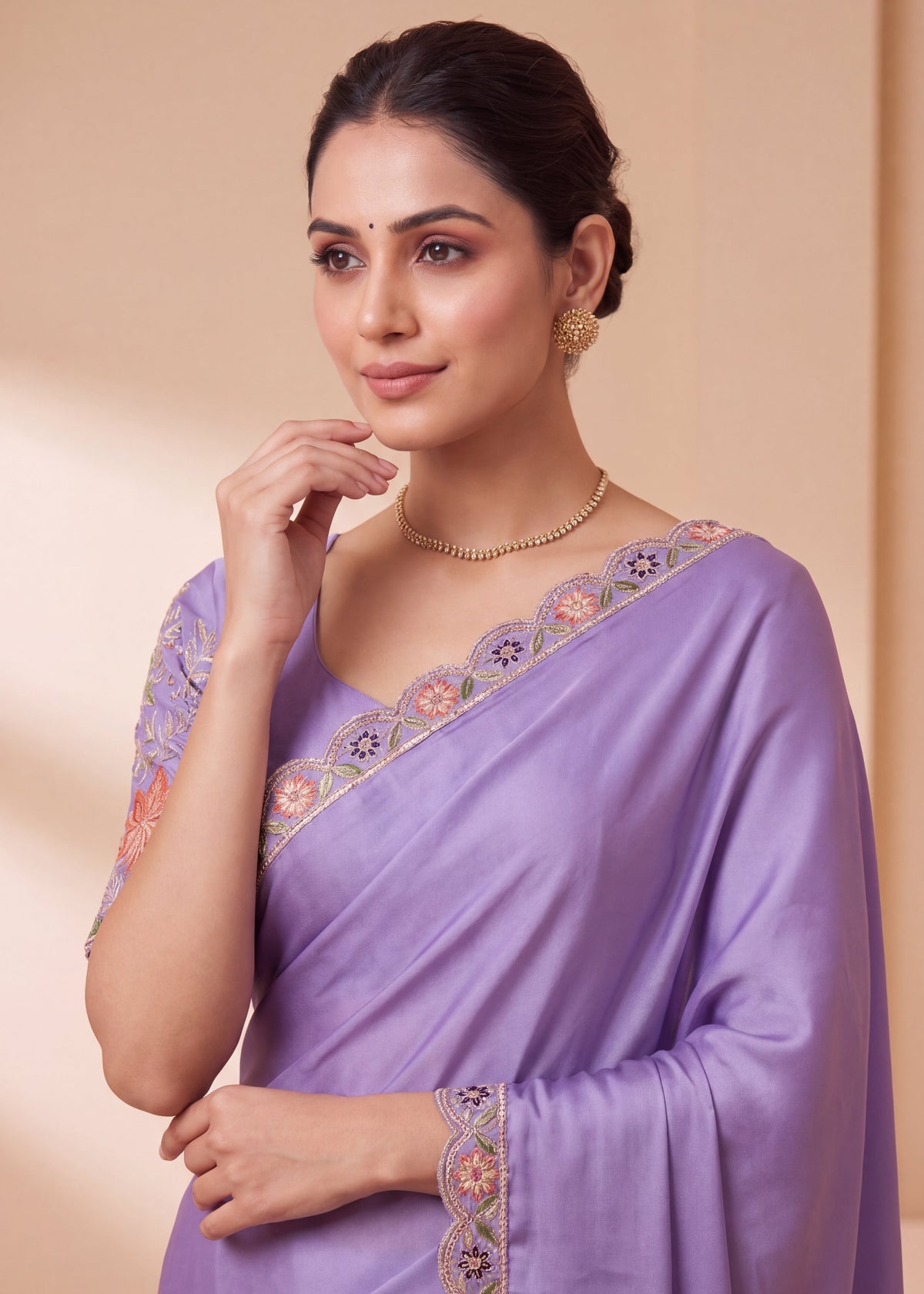 Designer Floral Embroidered Satin Saree