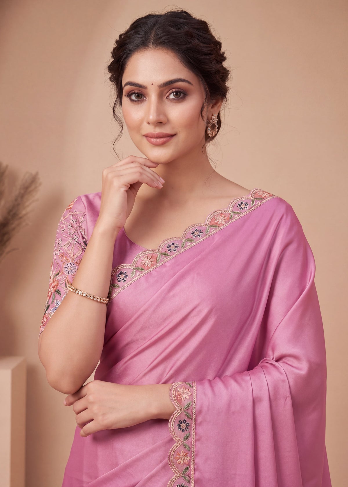 Designer Floral Embroidered Satin Saree