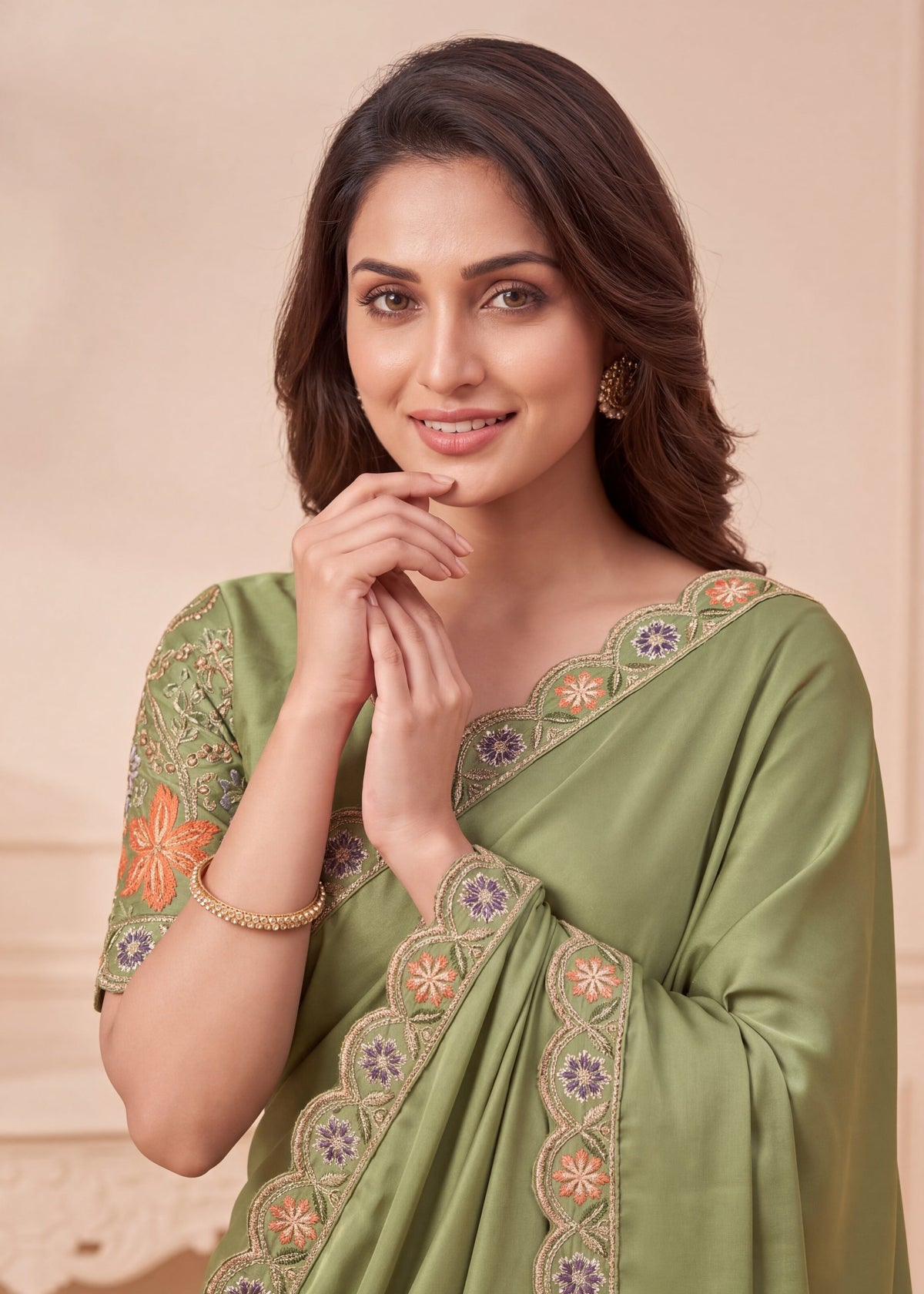 Designer Floral Embroidered Satin Saree