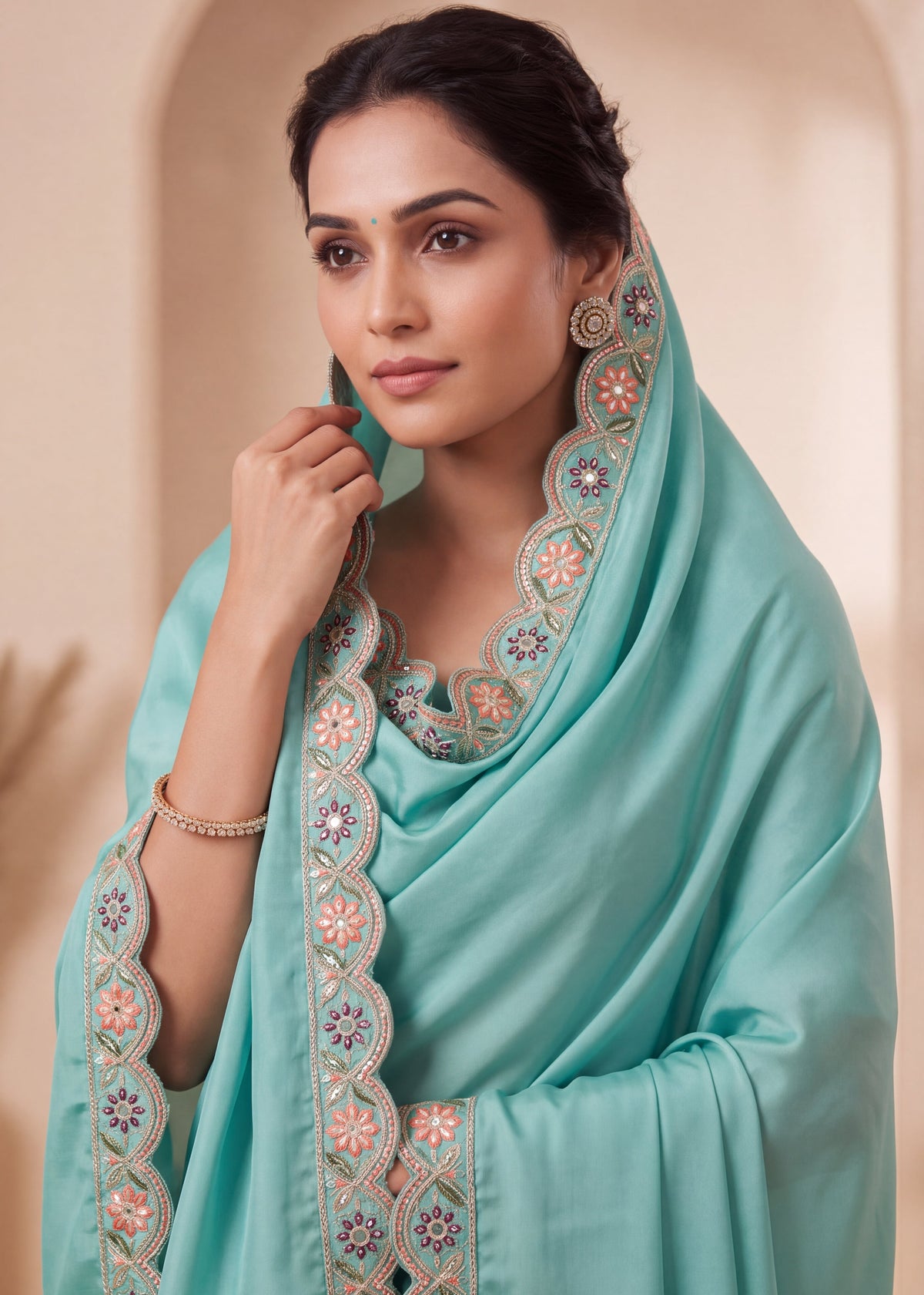 Designer Floral Embroidered Satin Saree