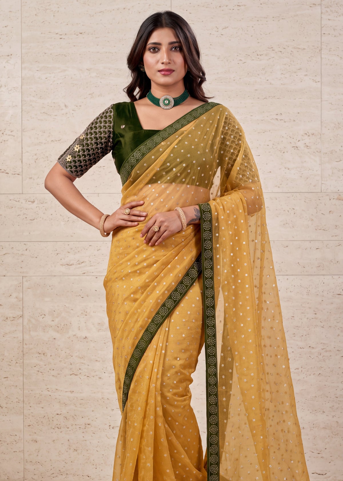 Heavy Sequin Embellished NC Moss Butti Saree