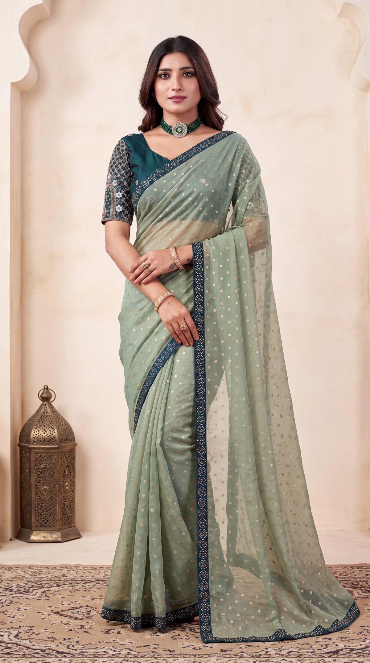 Heavy Sequin Embellished NC Moss Butti Saree