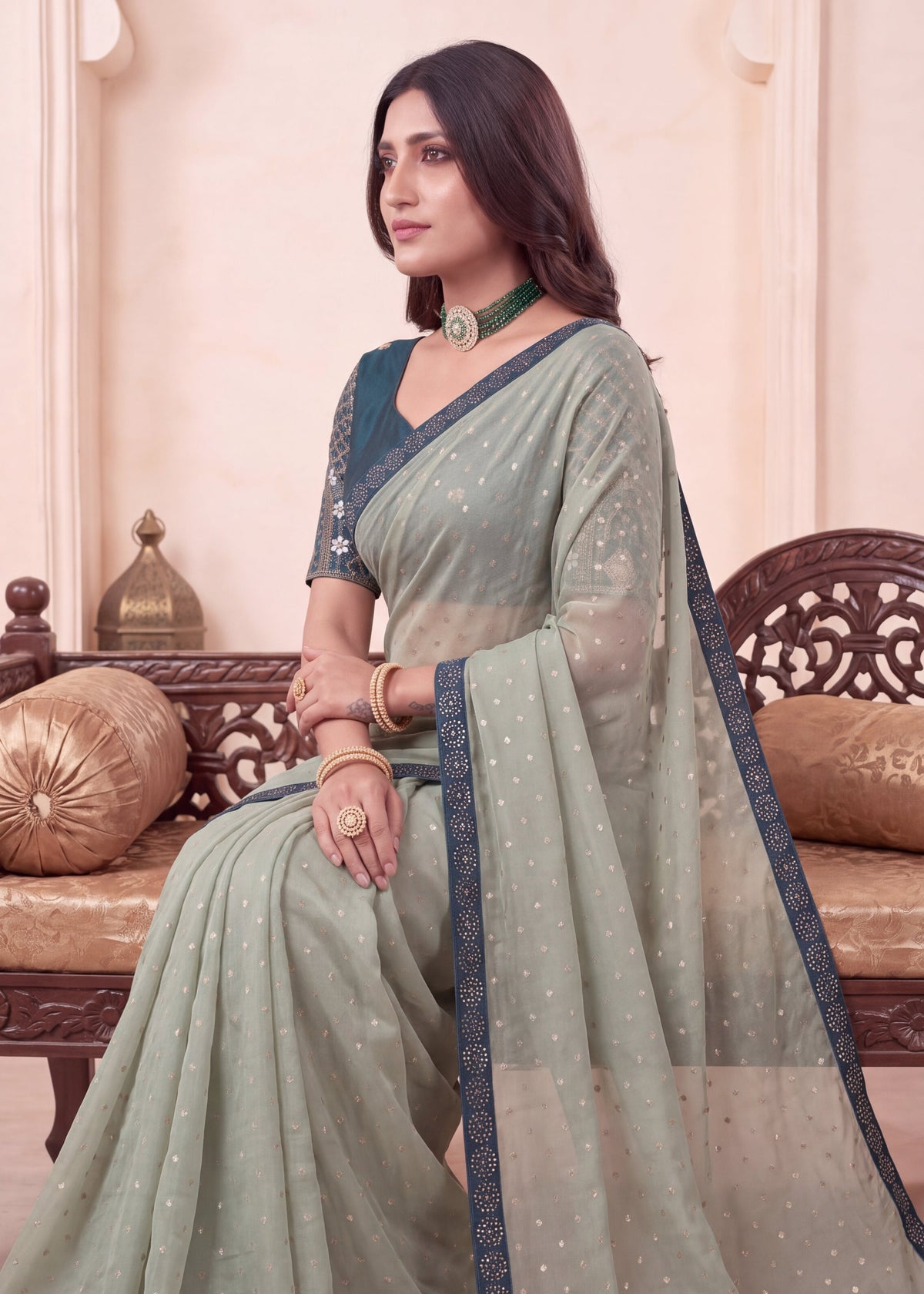 Heavy Sequin Embellished NC Moss Butti Saree