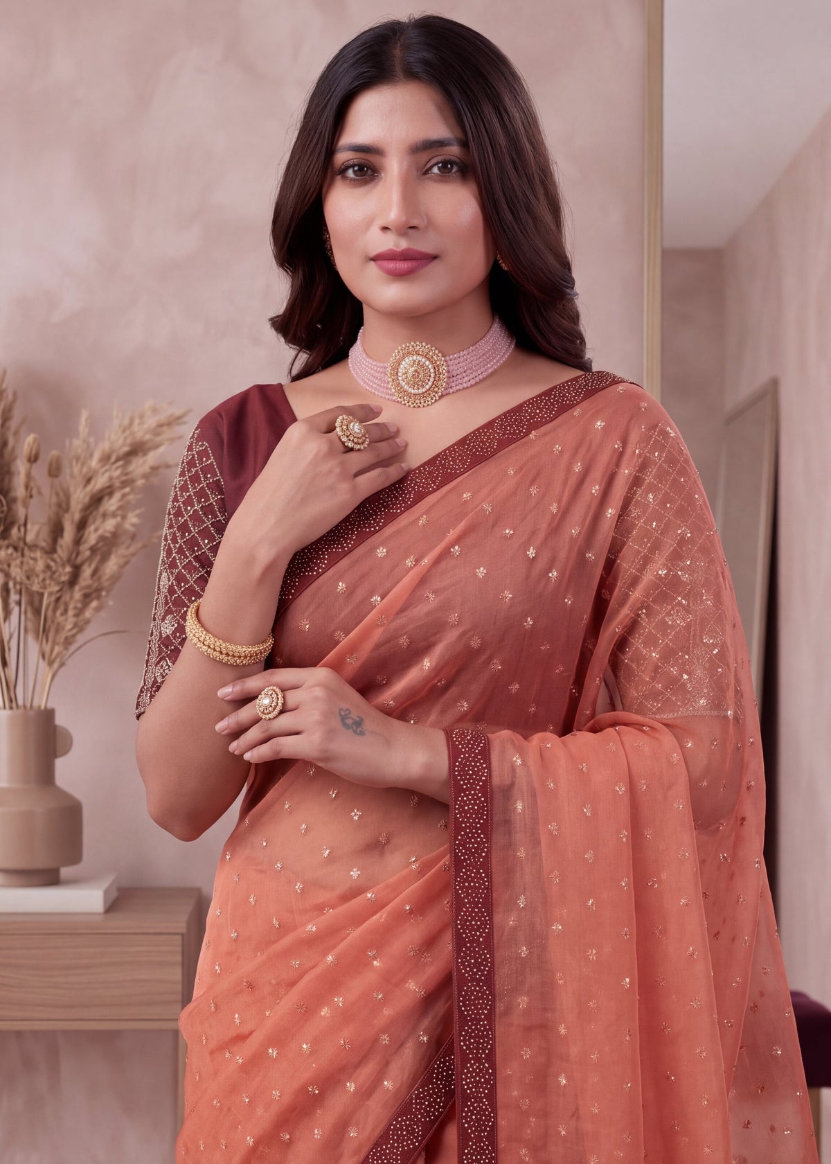 Heavy Sequin Embellished NC Moss Butti Saree