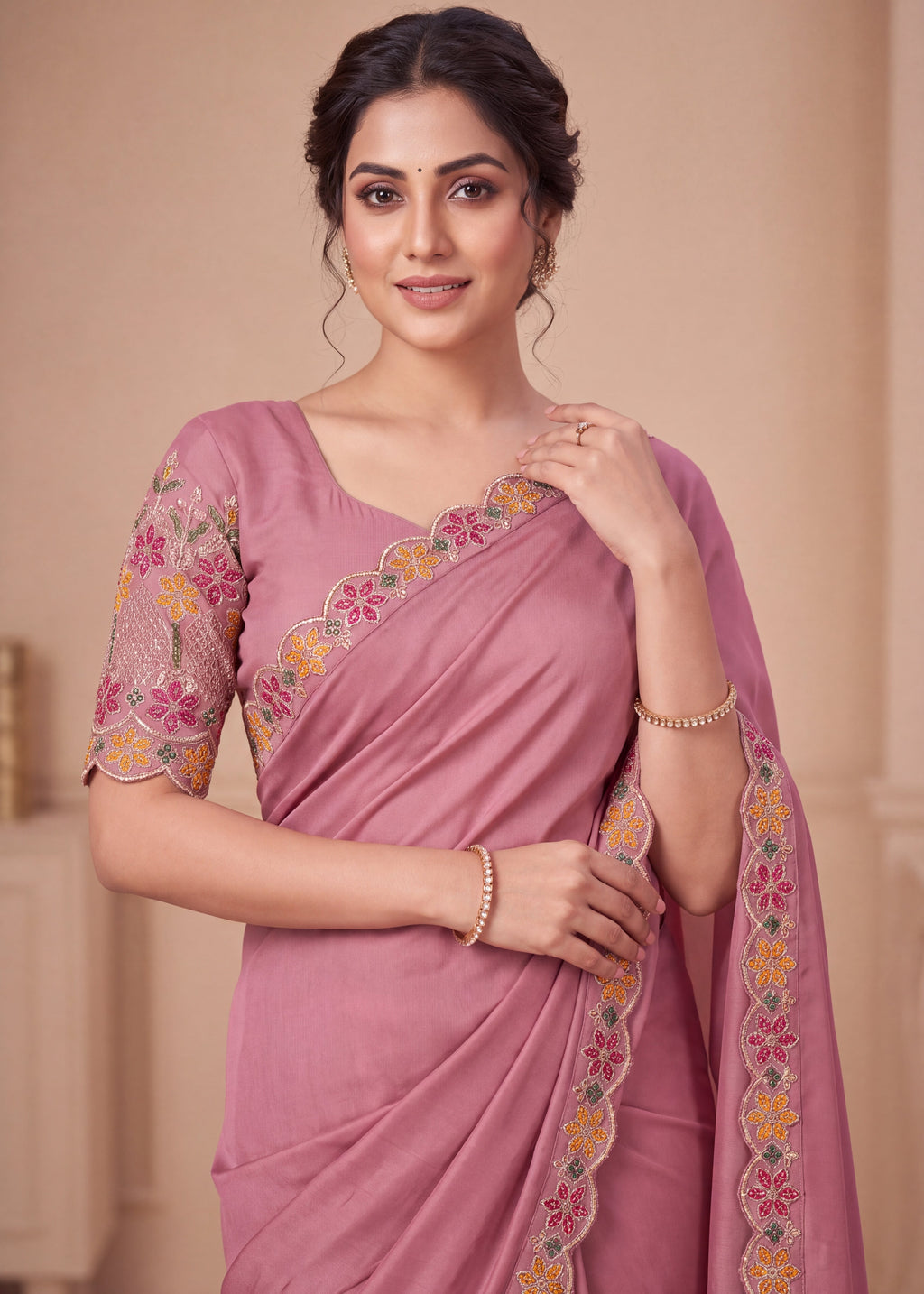 Designer Luxe Multicolour Embroidered Satin Saree