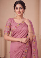Designer Luxe Multicolour Embroidered Satin Saree