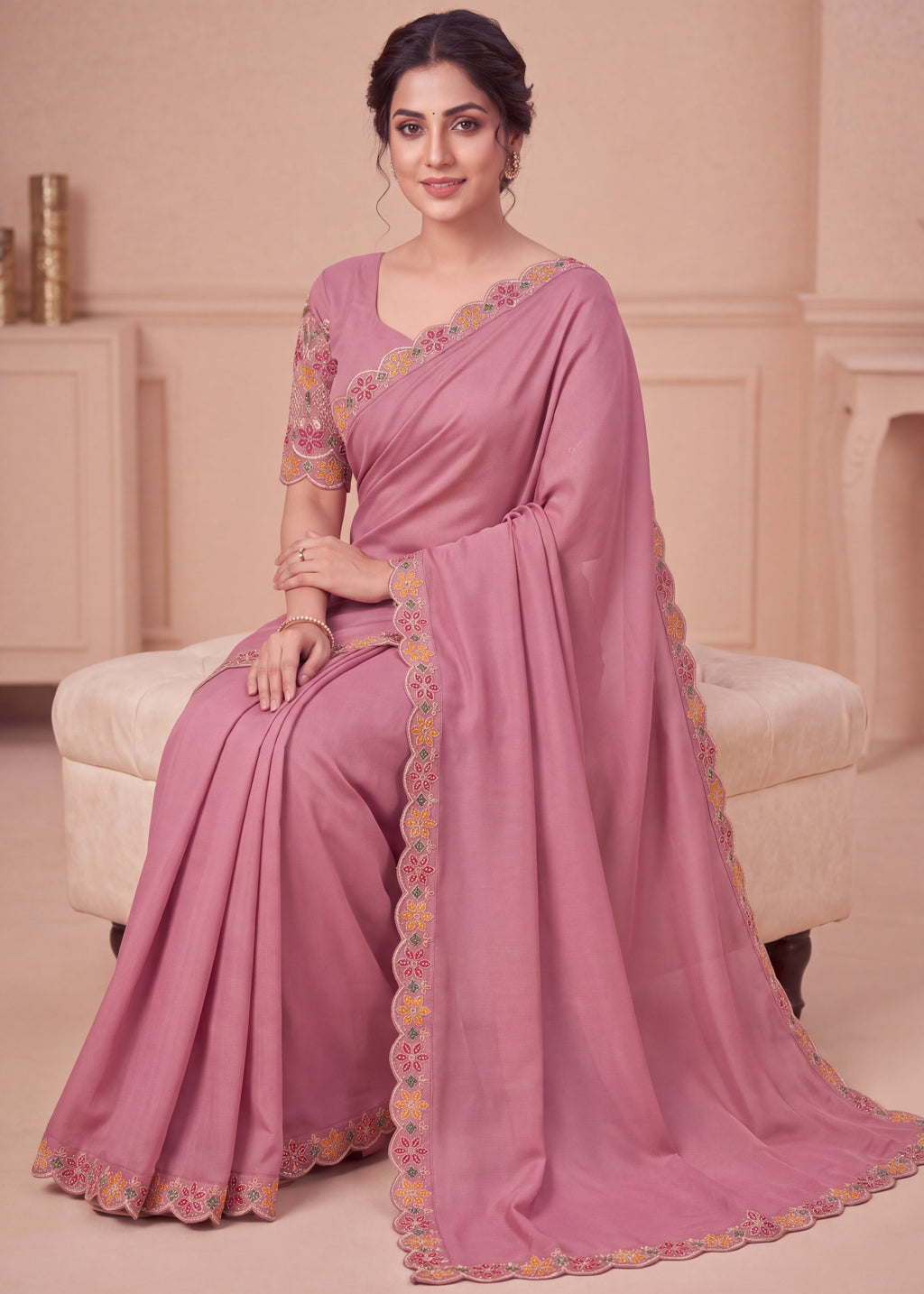 Designer Luxe Multicolour Embroidered Satin Saree