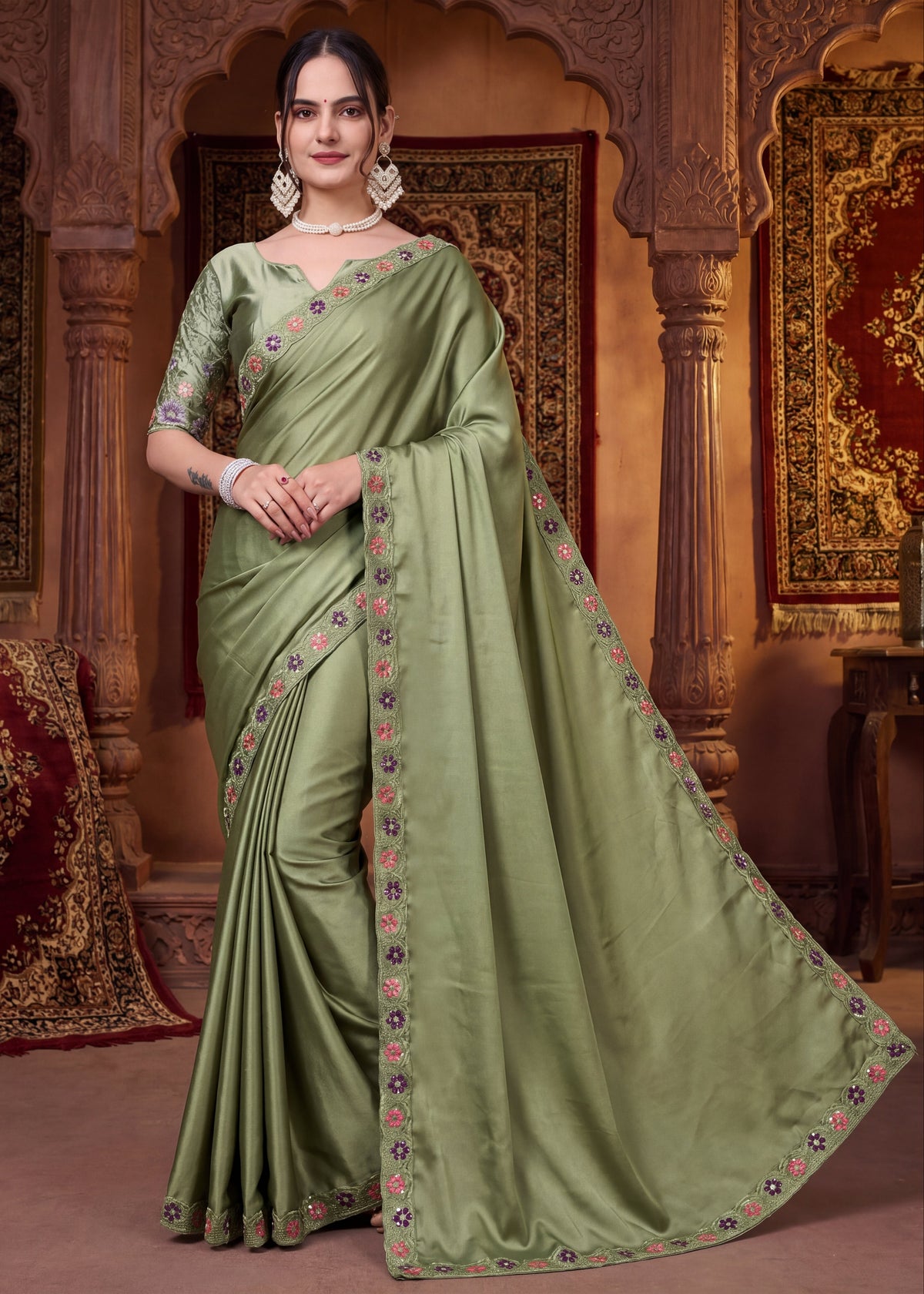 Festive Floral Satin Embroidered Saree