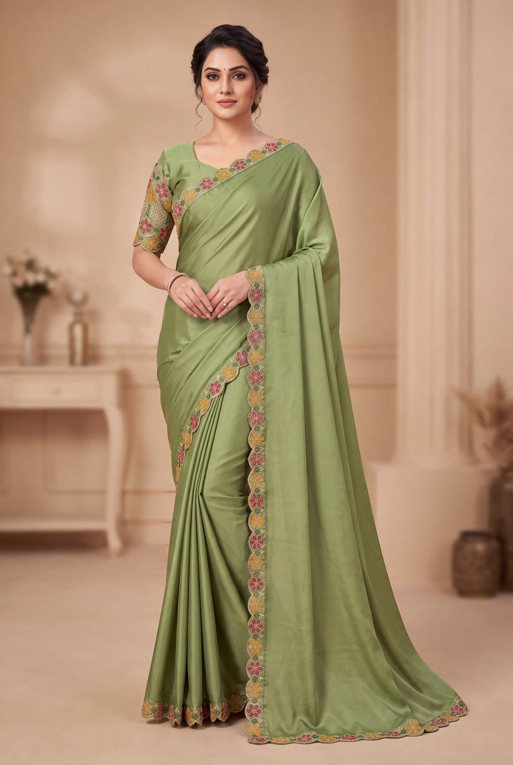 Premium Multicolour Embroidered Satin Saree