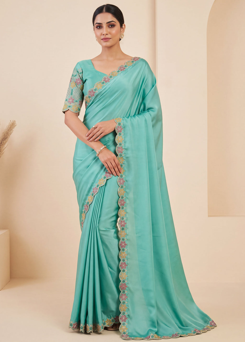Premium Multicolour Embroidered Satin Saree